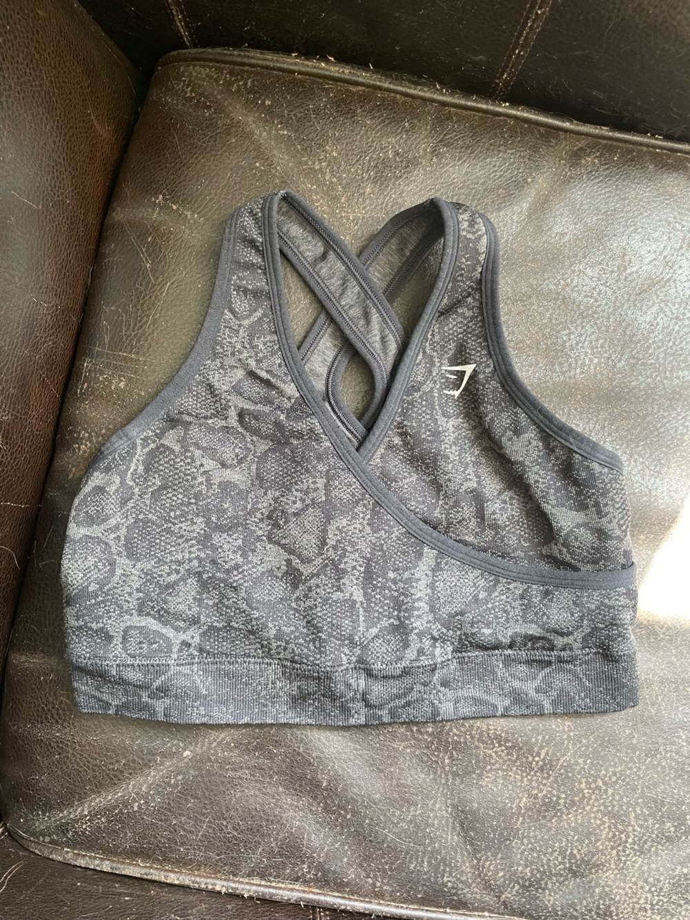Gymshark Black and Gray Snake Print Sportsbra
